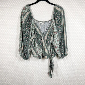 American Eagle‎ Green Blue Floral Tie Front Balloon Sleeve Top